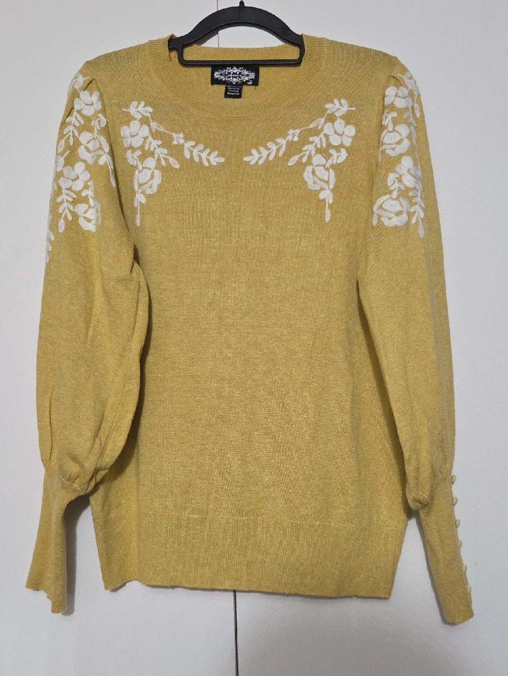 Embroidered Crewneck Sweater in Mustard Yellow, Puff Sleeve, Large